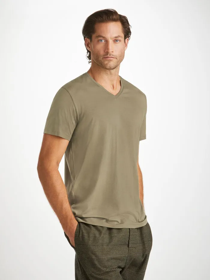 Derek Rose VNeck TShirt Basel Micro Modal Stretch Khaki Men Short Sleeve TShirts