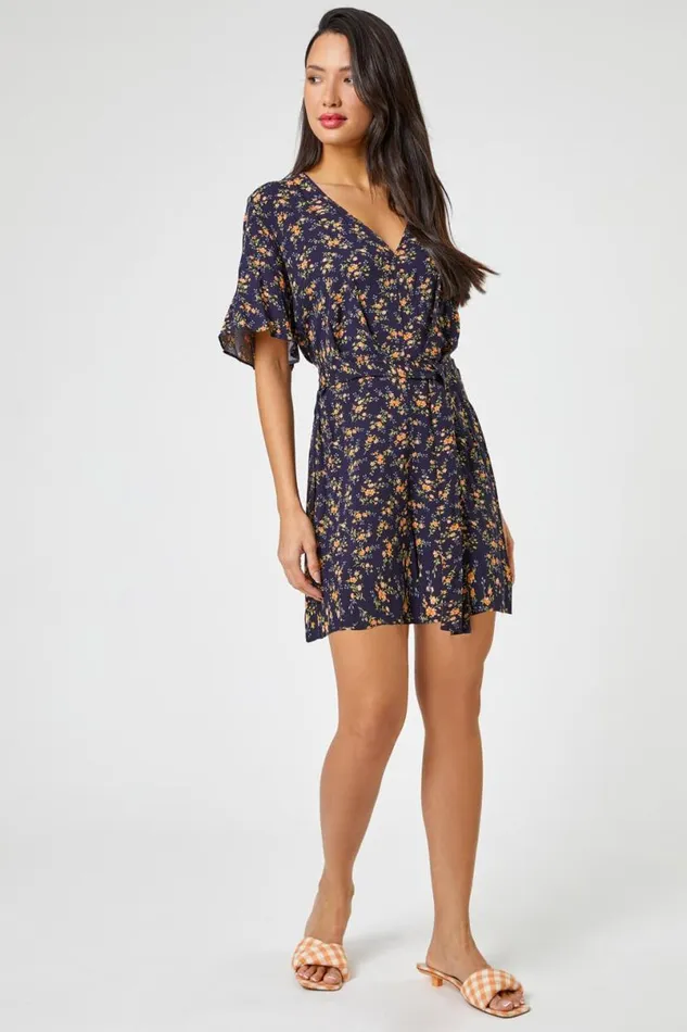 Ditsy Floral Print Playsuit Women Roman Dresses