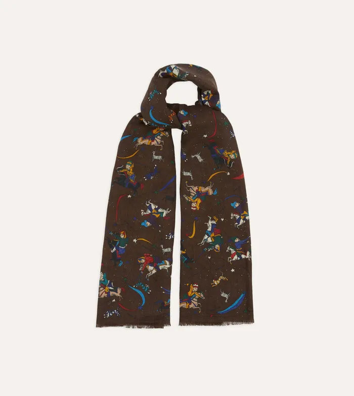 Drake039s Brown Mughal And Stars Print Wool Scarf Men Scarves