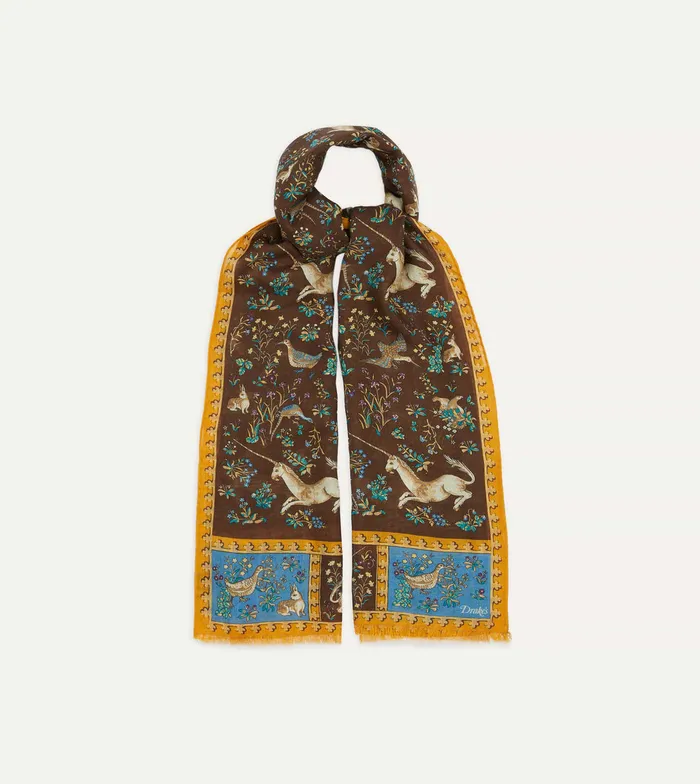 Drake039s Brown Unicorn Print WoolSilk Scarf Men Scarves
