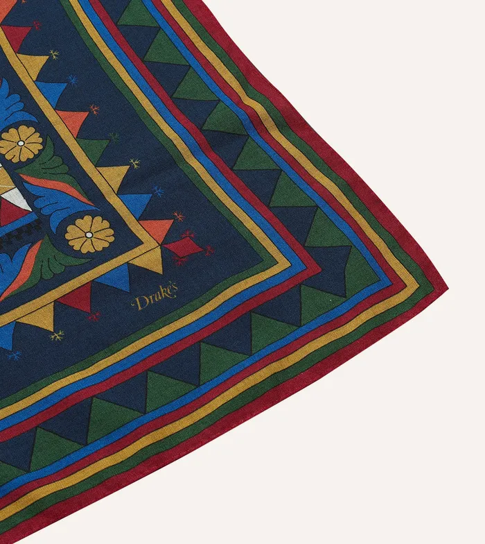 Drake039s Navy Buddhist Rider Print WoolSilk Bandana Men Bandanas