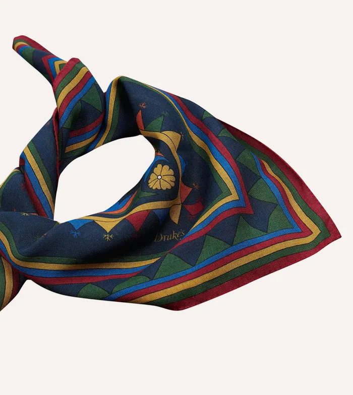 Drake039s Navy Buddhist Rider Print WoolSilk Bandana Men Bandanas
