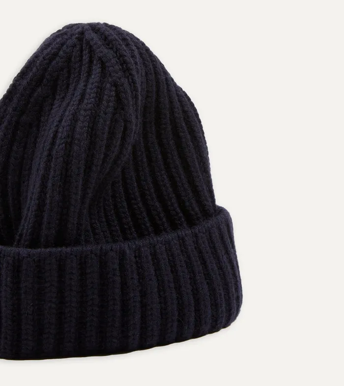 Drake039s Navy Cashmere Ribbed Knit Beanie Men Hats