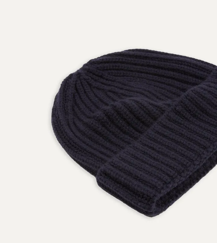 Drake039s Navy Cashmere Ribbed Knit Beanie Men Hats