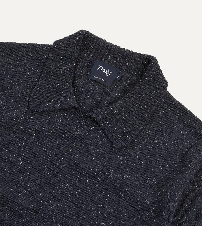 Drake039s Navy Flecked Silk Ribbed Integral Collar Jumper Men Knitwear