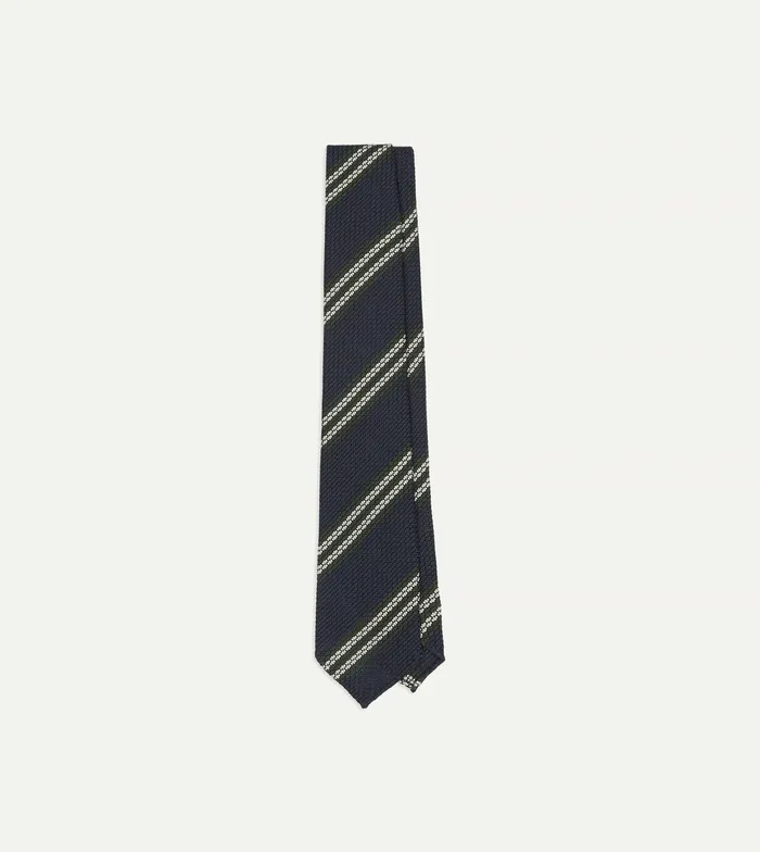 Drake039s Navy Green And White Double Stripe Silk Grenadine Tie Men Striped Ties
