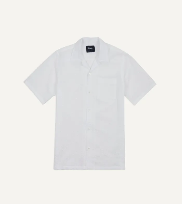 Drake039s White Seersucker Camp Collar Short Sleeve Shirt Men Plain Shirts