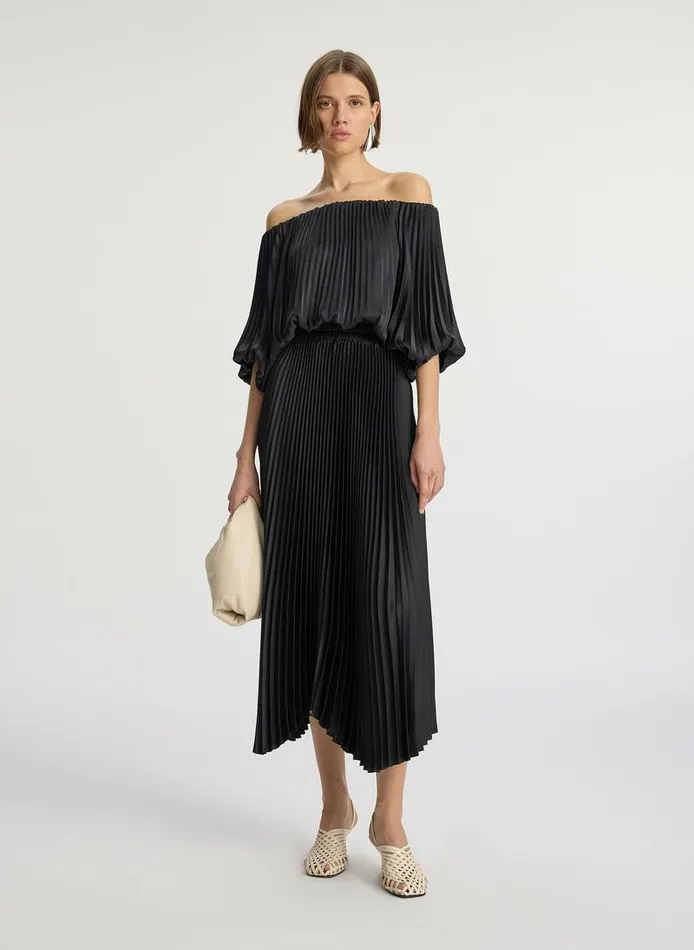 Dresses Women ALC Sienna Satin Pleated Off Shoulder Dress Black