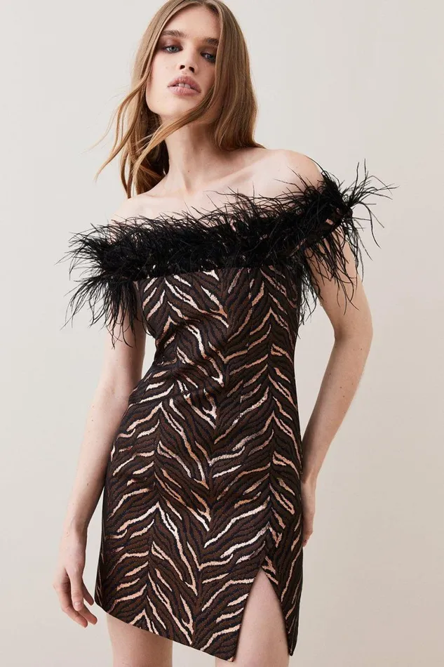 Dresses Women Karen Millen Animal Jacquard Feather Bardot Mini Dress Animal