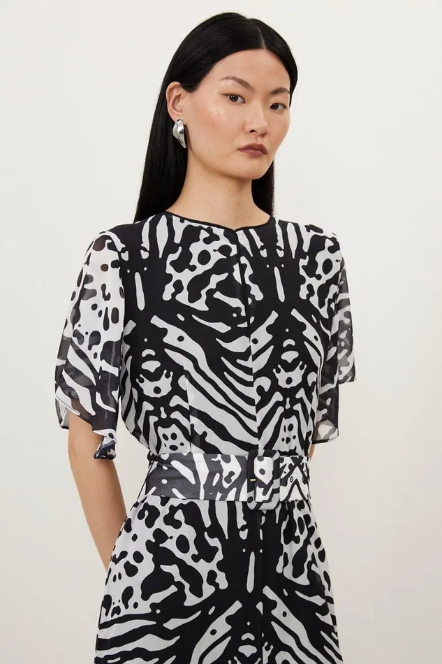 Dresses Women Karen Millen Animal Print Georgette Woven Short Sleeve Midi Dress Black
