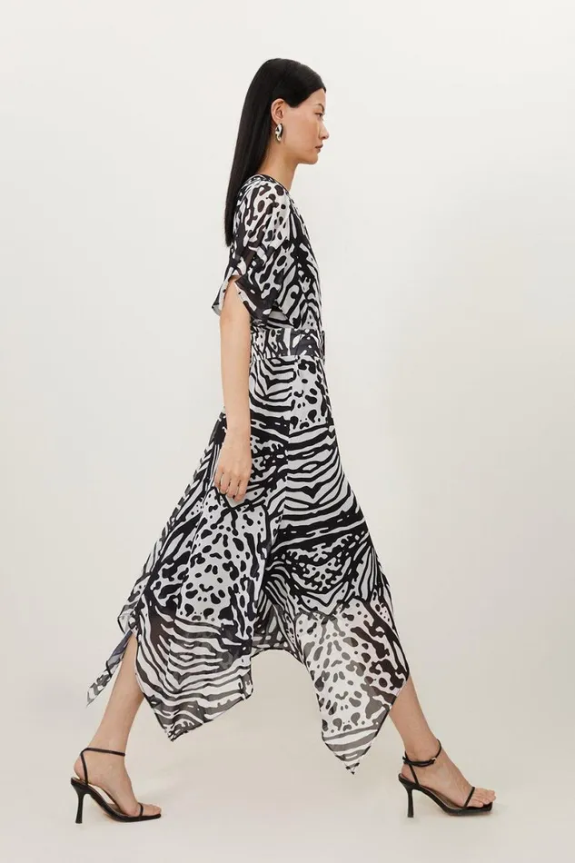 Dresses Women Karen Millen Animal Print Georgette Woven Short Sleeve Midi Dress Black