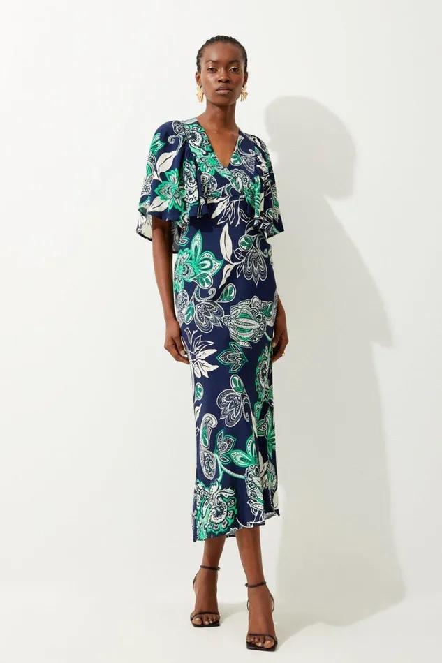 Dresses Women Karen Millen Batik Angel Sleeve Woven Midi Dress Floral