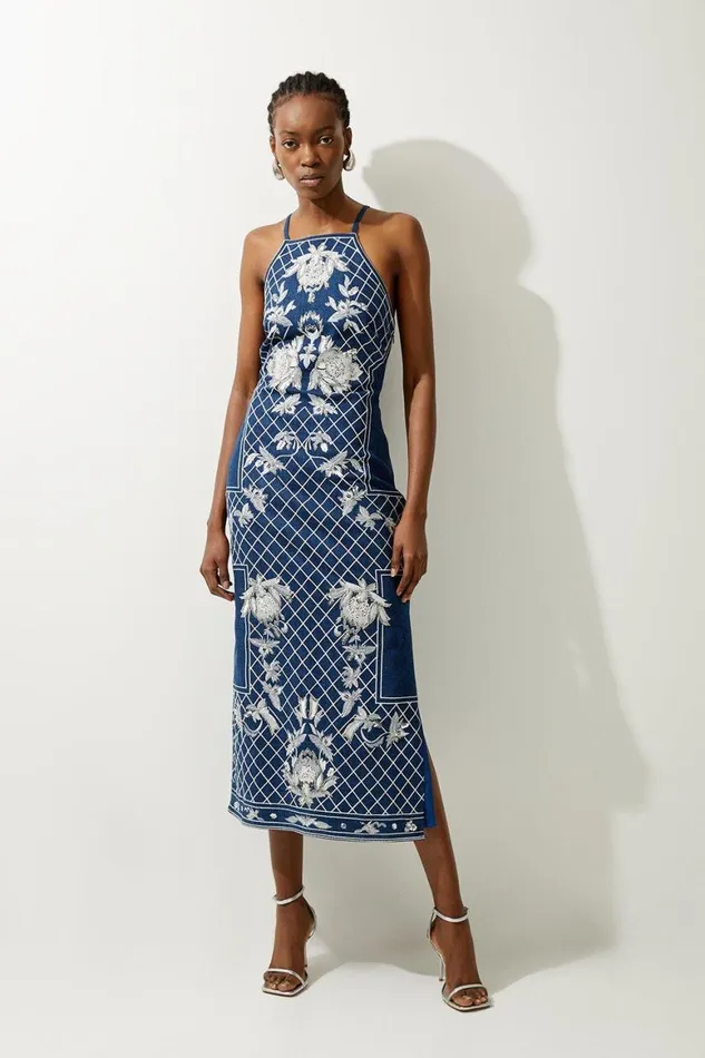 Dresses Women Karen Millen Beaded Embellished Denim Woven Halter Midi Dress Denim Dresses Women Karen Millen Beaded Embellished Denim Woven Halter Midi Dress Denim