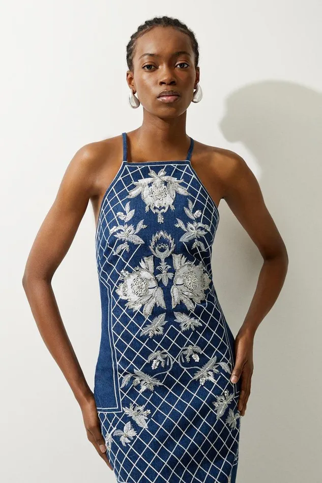 Dresses Women Karen Millen Beaded Embellished Denim Woven Halter Midi Dress Denim