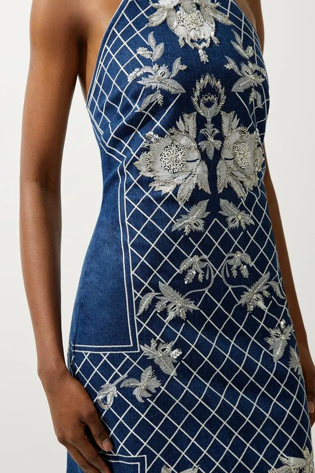 Dresses Women Karen Millen Beaded Embellished Denim Woven Halter Midi Dress Denim