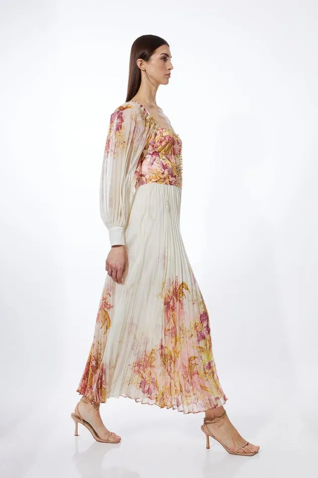 Dresses Women Karen Millen Border Print Floral And Satin Bodice Pleat Woven Maxi Dress Floral Dresses Women Karen Millen Border Print Floral And Satin Bodice Pleat Woven Maxi Dress Floral