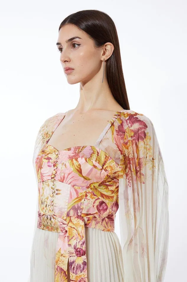 Dresses Women Karen Millen Border Print Floral And Satin Bodice Pleat Woven Maxi Dress Floral