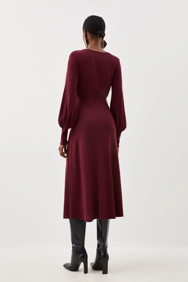 Dresses Women Karen Millen Cashmere Blend Wrap Full Sleeve Belted Knit Midi Dress Burgundy