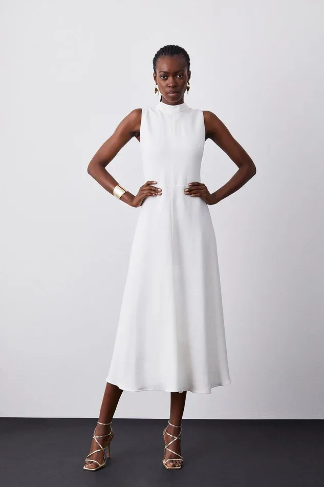 Dresses Women Karen Millen Compact Stretch Viscose Tailored High Neck Tie Detail Midi Dress Ivory