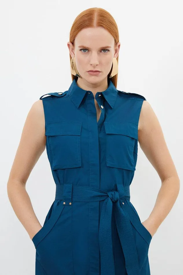 Dresses Women Karen Millen Cotton Sateen Pocket Detail Woven Maxi Shirt Dress Navy