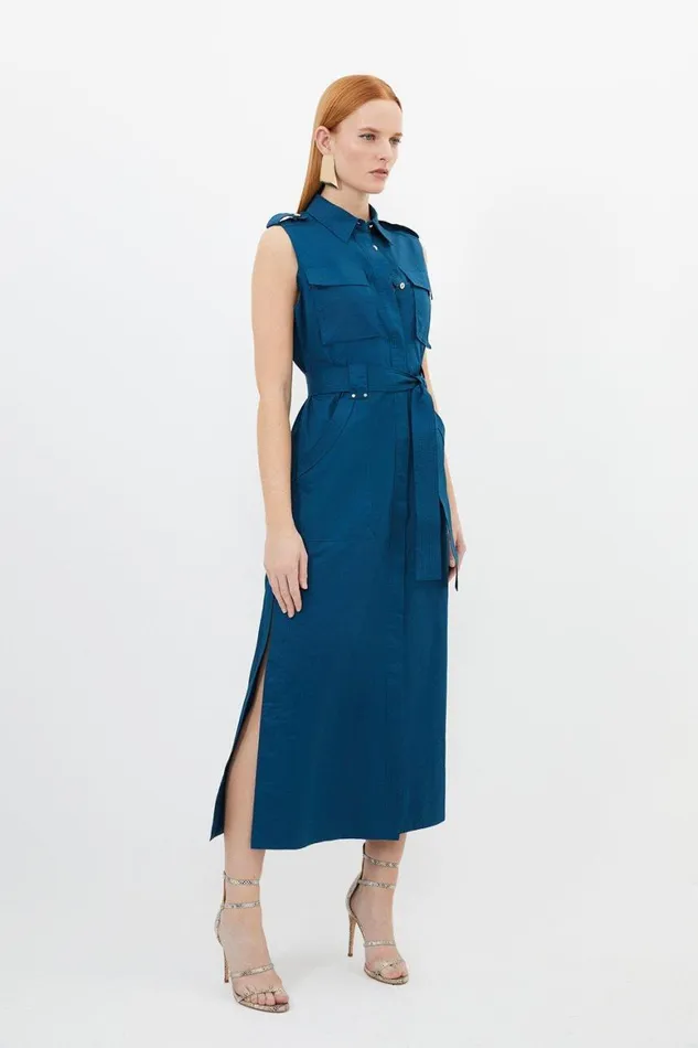 Dresses Women Karen Millen Cotton Sateen Pocket Detail Woven Maxi Shirt Dress Navy