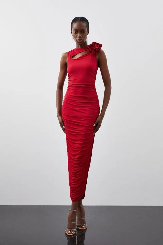 Dresses Women Karen Millen Drapey Ruched Jersey Rosette Maxi Dress Red