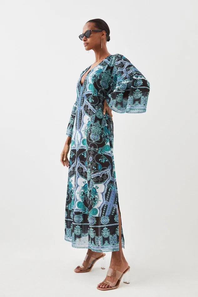 Dresses Women Karen Millen Embellished Mirrored Print Kimono Sleeve Maxi Dress Blue Dresses Women Karen Millen Embellished Mirrored Print Kimono Sleeve Maxi Dress Blue
