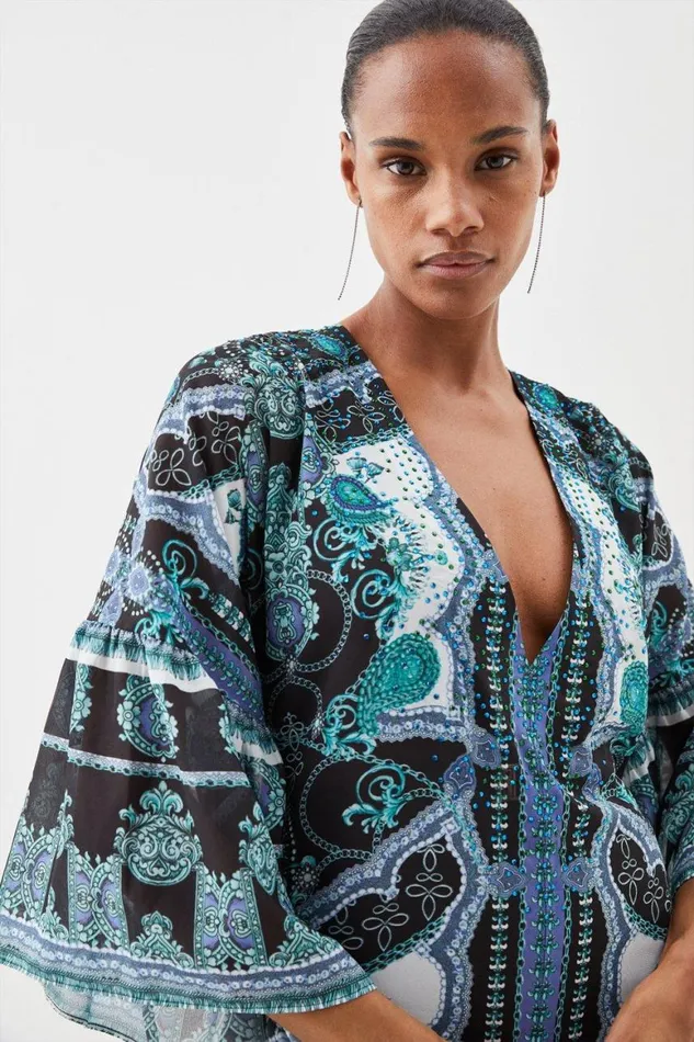 Dresses Women Karen Millen Embellished Mirrored Print Kimono Sleeve Maxi Dress Blue