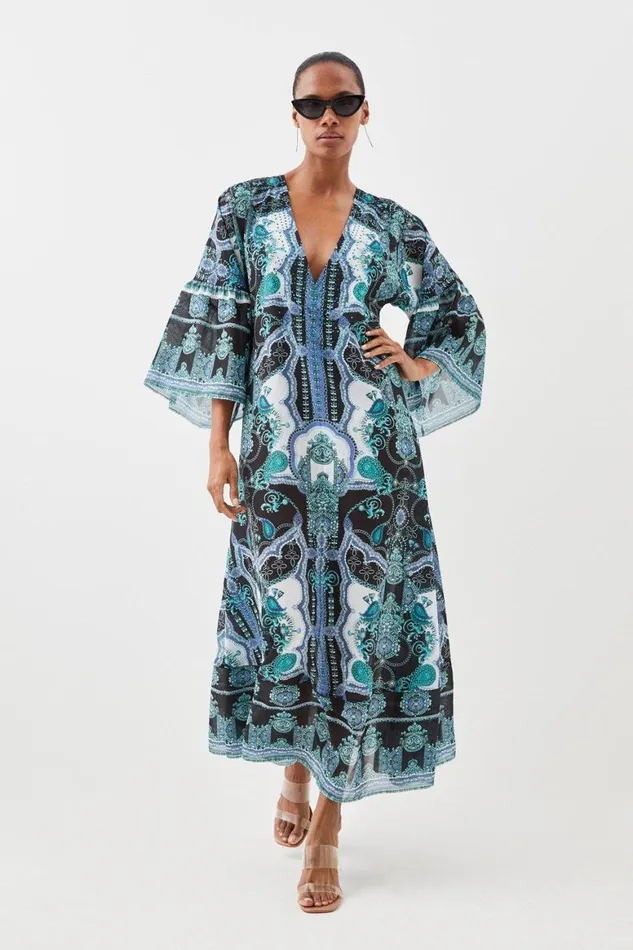Dresses Women Karen Millen Embellished Mirrored Print Kimono Sleeve Maxi Dress Blue