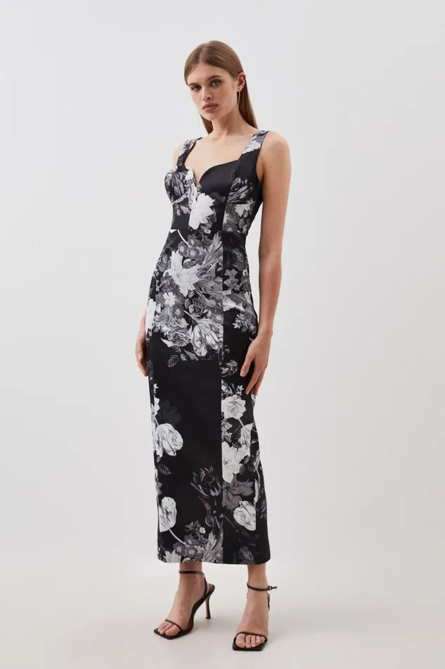 Dresses Women Karen Millen Italian Structured Satin Floral Bloom Printed Pencil Dress Mono