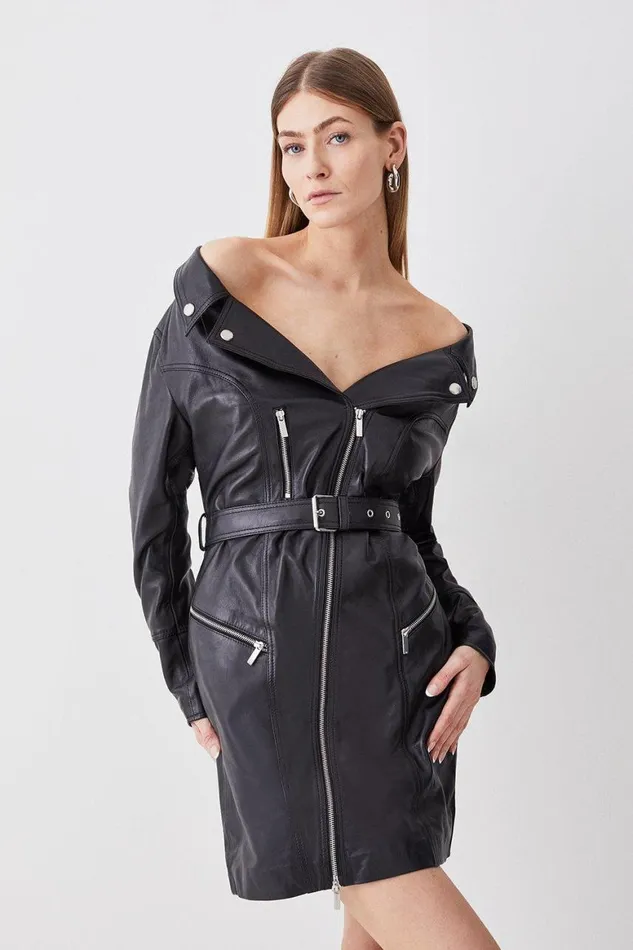 Dresses Women Karen Millen Leather Off The Shoulder Sleeved Biker Mini Dress Black Dresses Women Karen Millen Leather Off The Shoulder Sleeved Biker Mini Dress Black