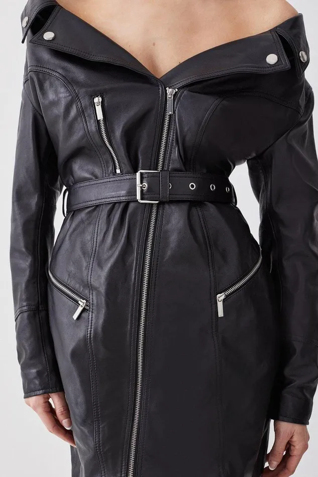 Dresses Women Karen Millen Leather Off The Shoulder Sleeved Biker Mini Dress Black