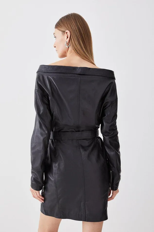 Dresses Women Karen Millen Leather Off The Shoulder Sleeved Biker Mini Dress Black