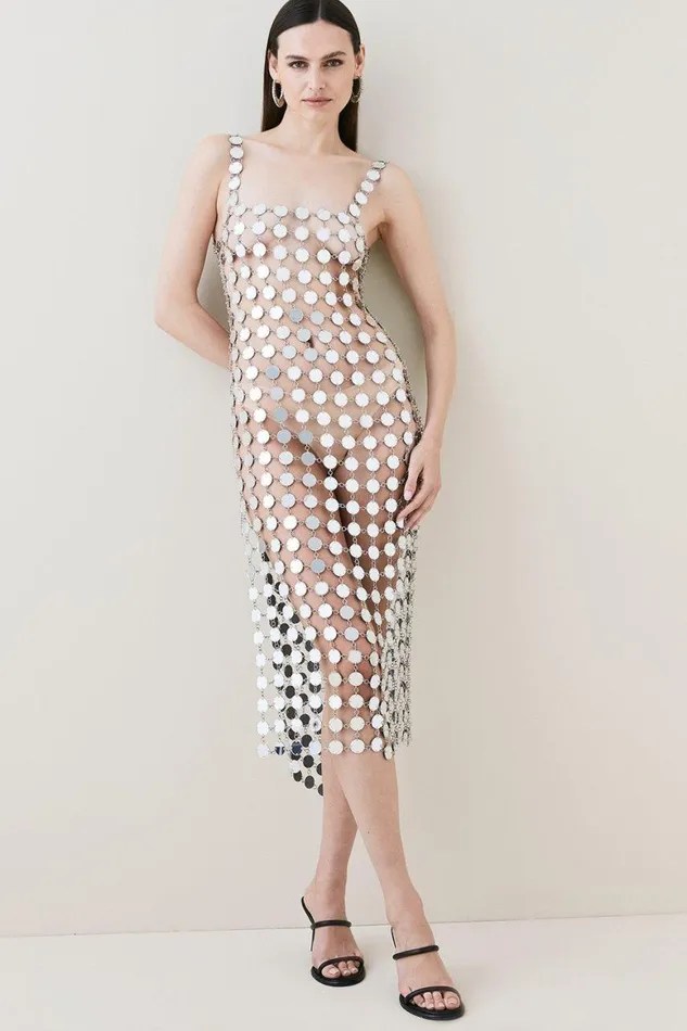 Dresses Women Karen Millen Mirrored Disc Side Split Maxi Dress Silver