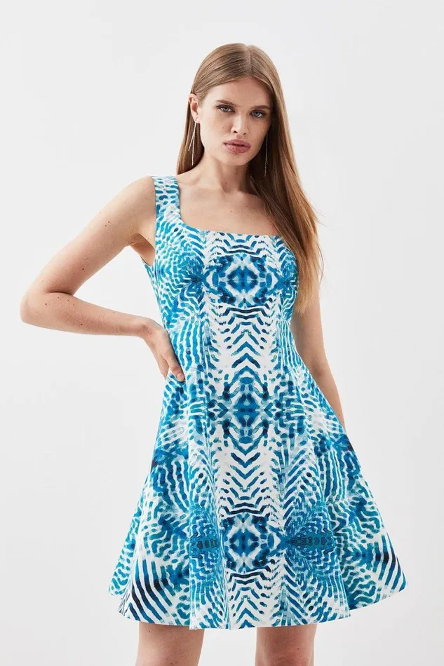 Dresses Women Karen Millen Mirrored Print Cotton Sateen Skater Dress Blue