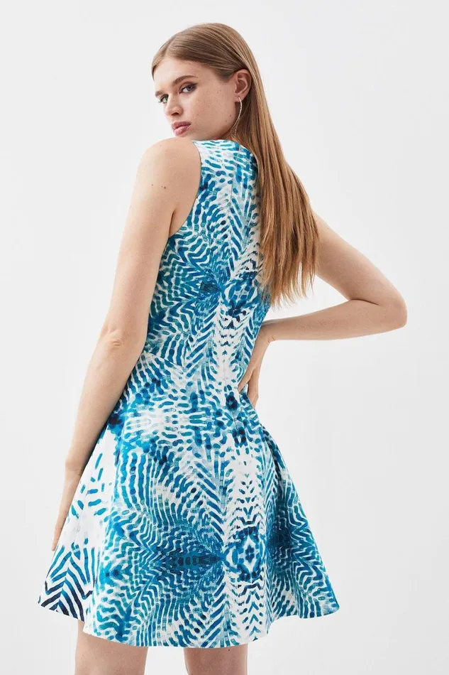 Dresses Women Karen Millen Mirrored Print Cotton Sateen Skater Dress Blue