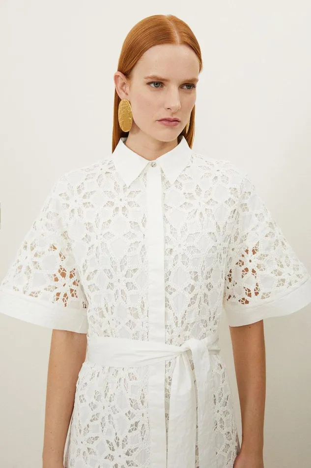 Dresses Women Karen Millen Petite Crafted Cotton Embroidery Woven Shirt Maxi Dress White