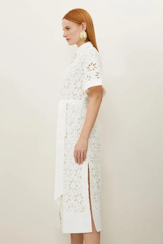 Dresses Women Karen Millen Petite Crafted Cotton Embroidery Woven Shirt Maxi Dress White