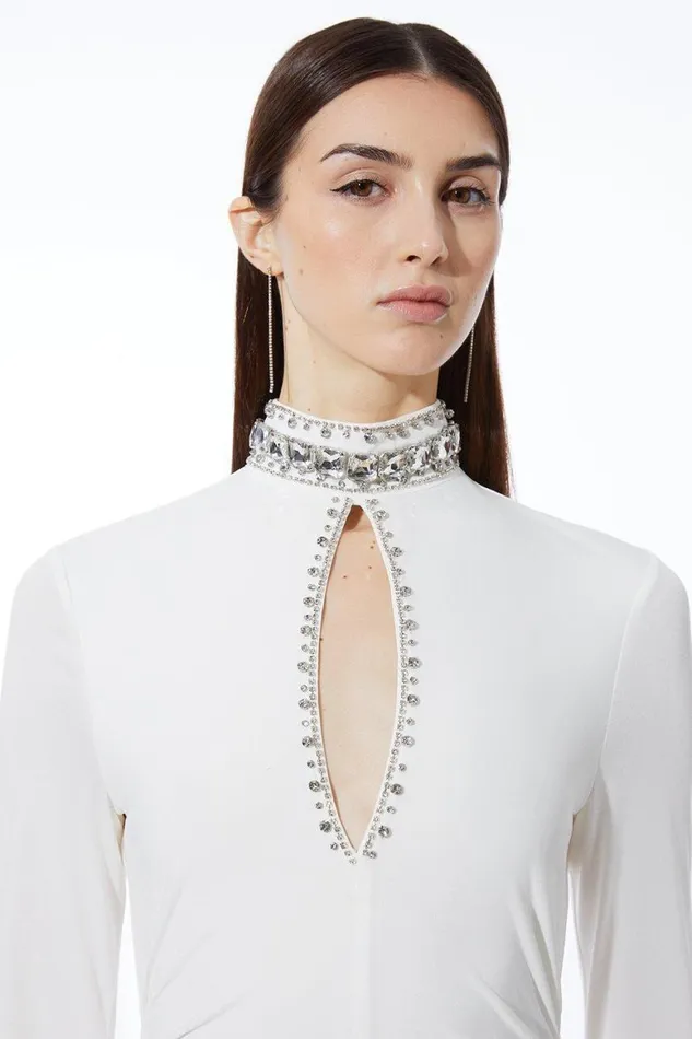 Dresses Women Karen Millen Petite Embellished Jersey Crepe Maxi Dress Ivory