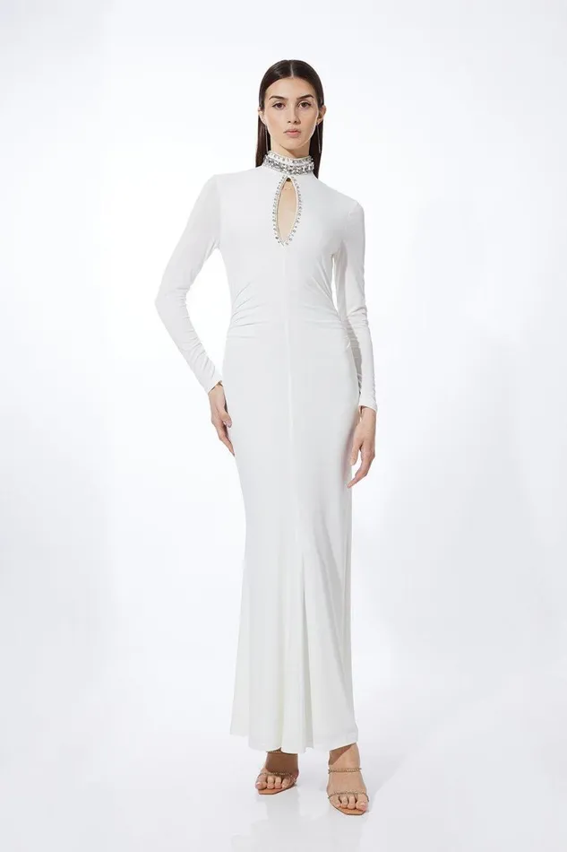 Dresses Women Karen Millen Petite Embellished Jersey Crepe Maxi Dress Ivory