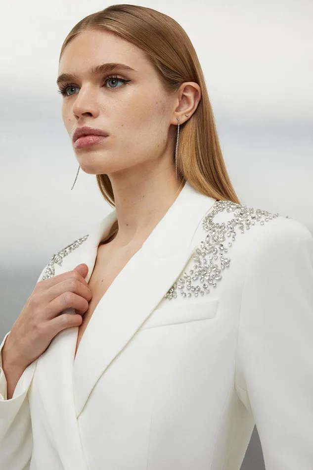 Dresses Women Karen Millen Petite Embellished Open Back Cady Mini Blazer Dress Ivory
