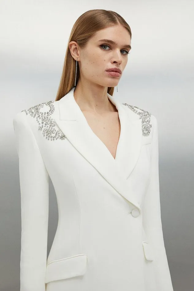 Dresses Women Karen Millen Petite Embellished Open Back Cady Mini Blazer Dress Ivory