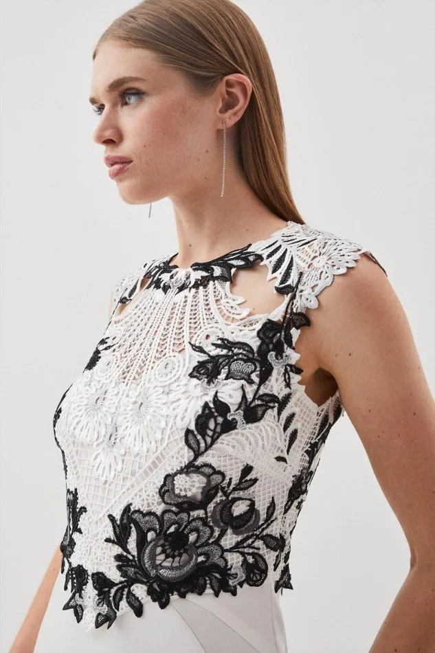 Dresses Women Karen Millen Petite Guipure Lace Satin Woven Maxi Dress Ivory
