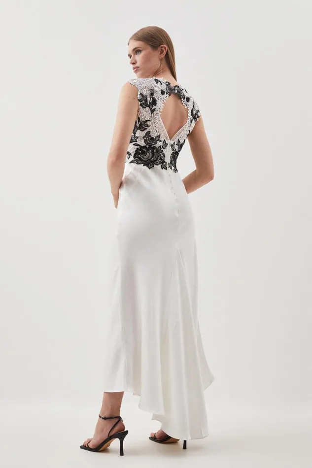 Dresses Women Karen Millen Petite Guipure Lace Satin Woven Maxi Dress Ivory