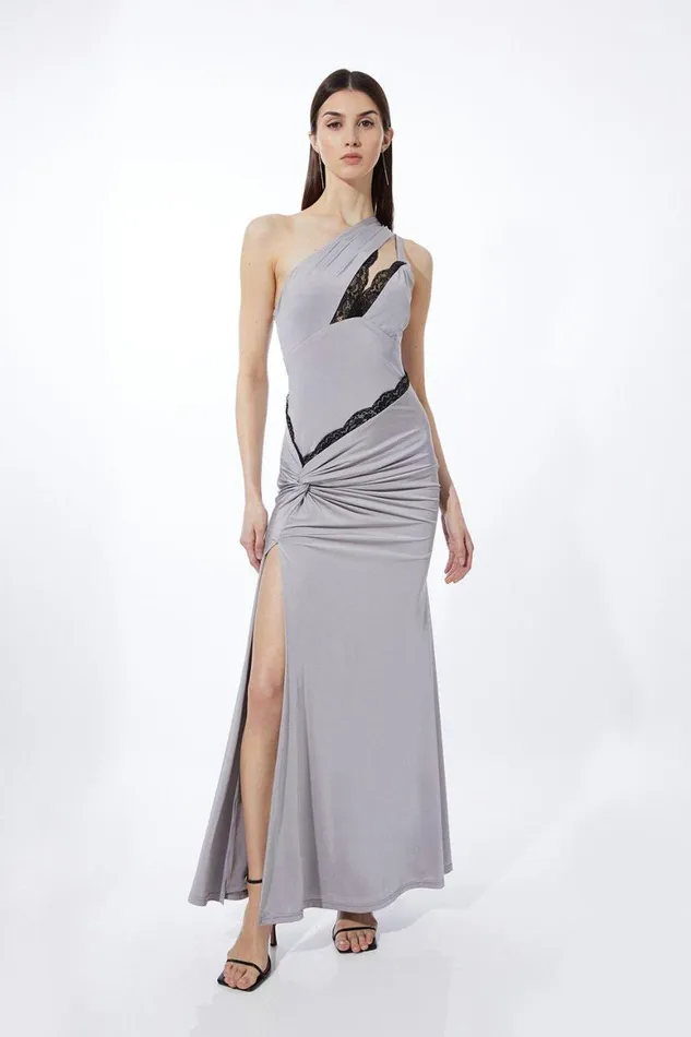 Dresses Women Karen Millen Petite Lace Trim One Shoulder Jersey Maxi Dress Silver Dresses Women Karen Millen Petite Lace Trim One Shoulder Jersey Maxi Dress Silver