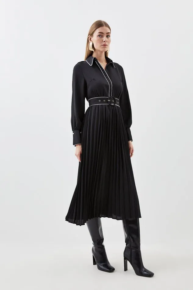 Dresses Women Karen Millen Petite Piping Detail Georgette Pleated And Belted Woven Maxi Dress Mono Dresses Women Karen Millen Petite Piping Detail Georgette Pleated And Belted Woven Maxi Dress Mono