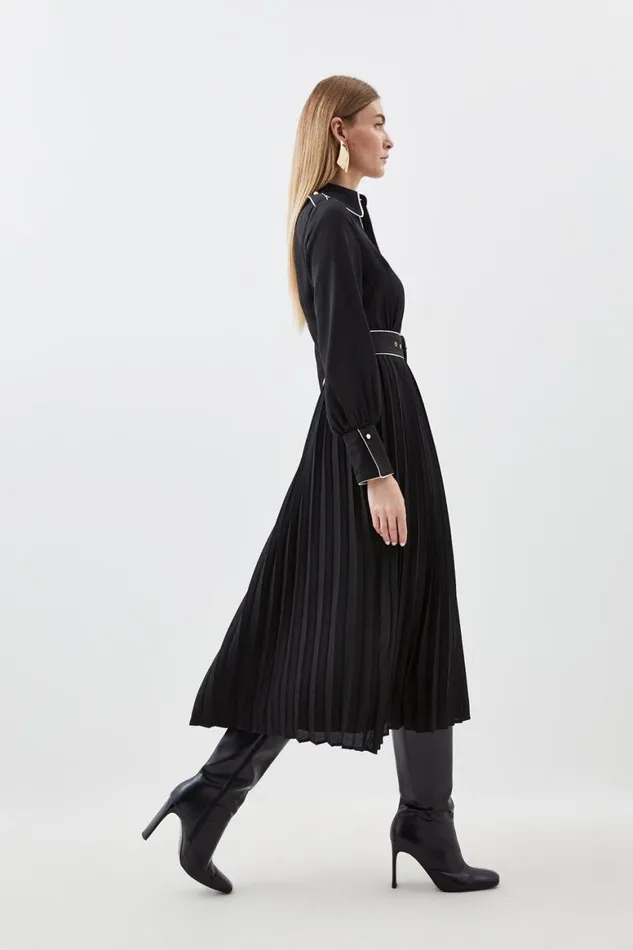 Dresses Women Karen Millen Petite Piping Detail Georgette Pleated And Belted Woven Maxi Dress Mono