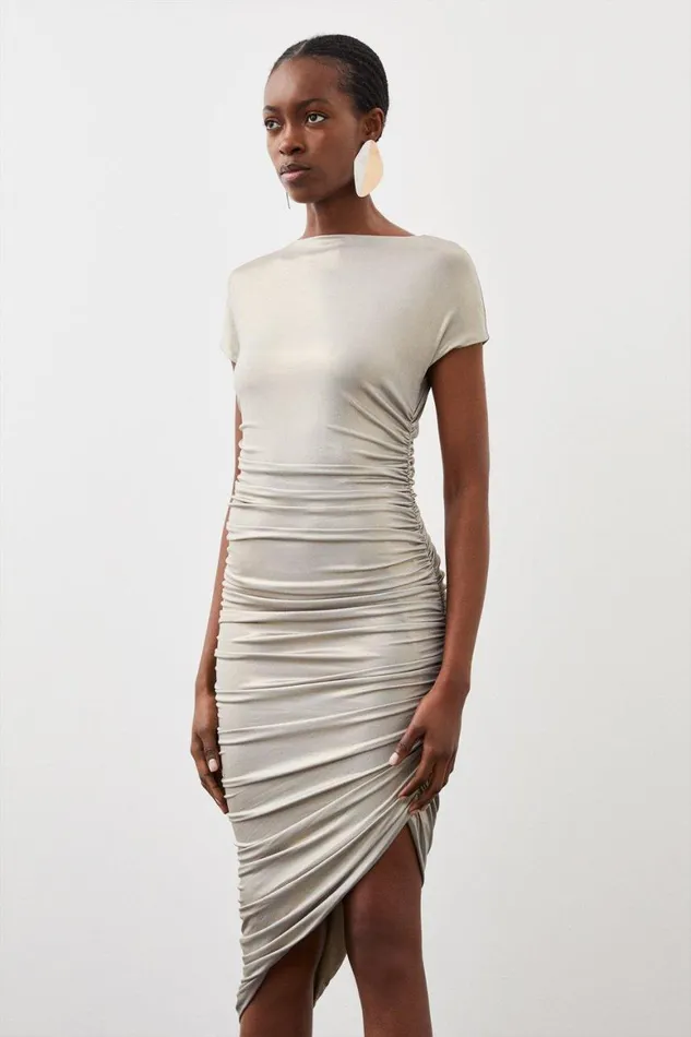 Dresses Women Karen Millen Petite Premium Jersey Metallic Asymmetric Neck Midi Dress Gold