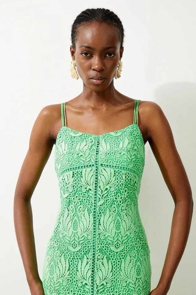 Dresses Women Karen Millen Petite Premium Satin Guipure Lace Strappy Maxi Dress Green