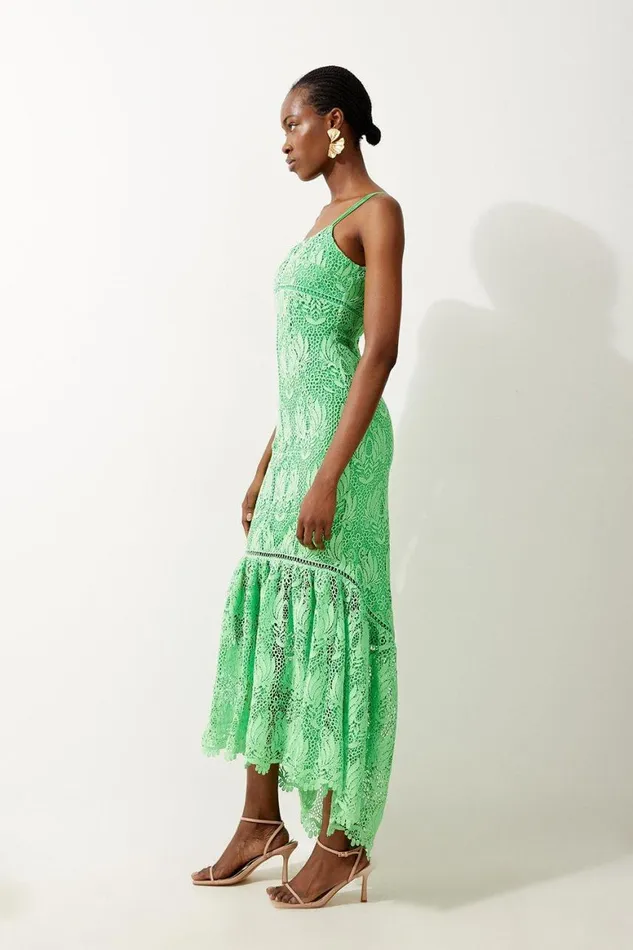 Dresses Women Karen Millen Petite Premium Satin Guipure Lace Strappy Maxi Dress Green